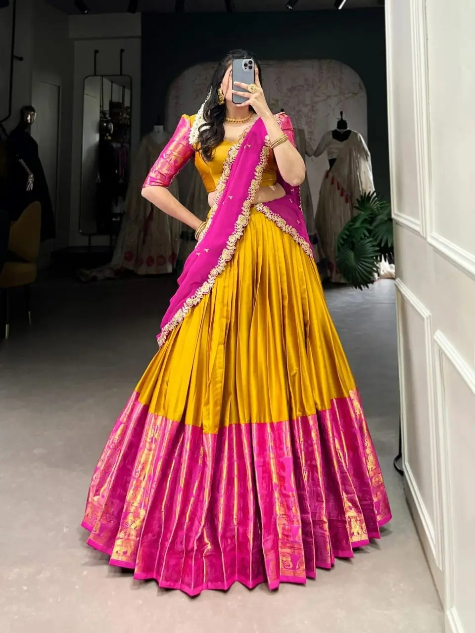 Mango Yellow with Magenta Pink Kanchipuram Silk Lehenga